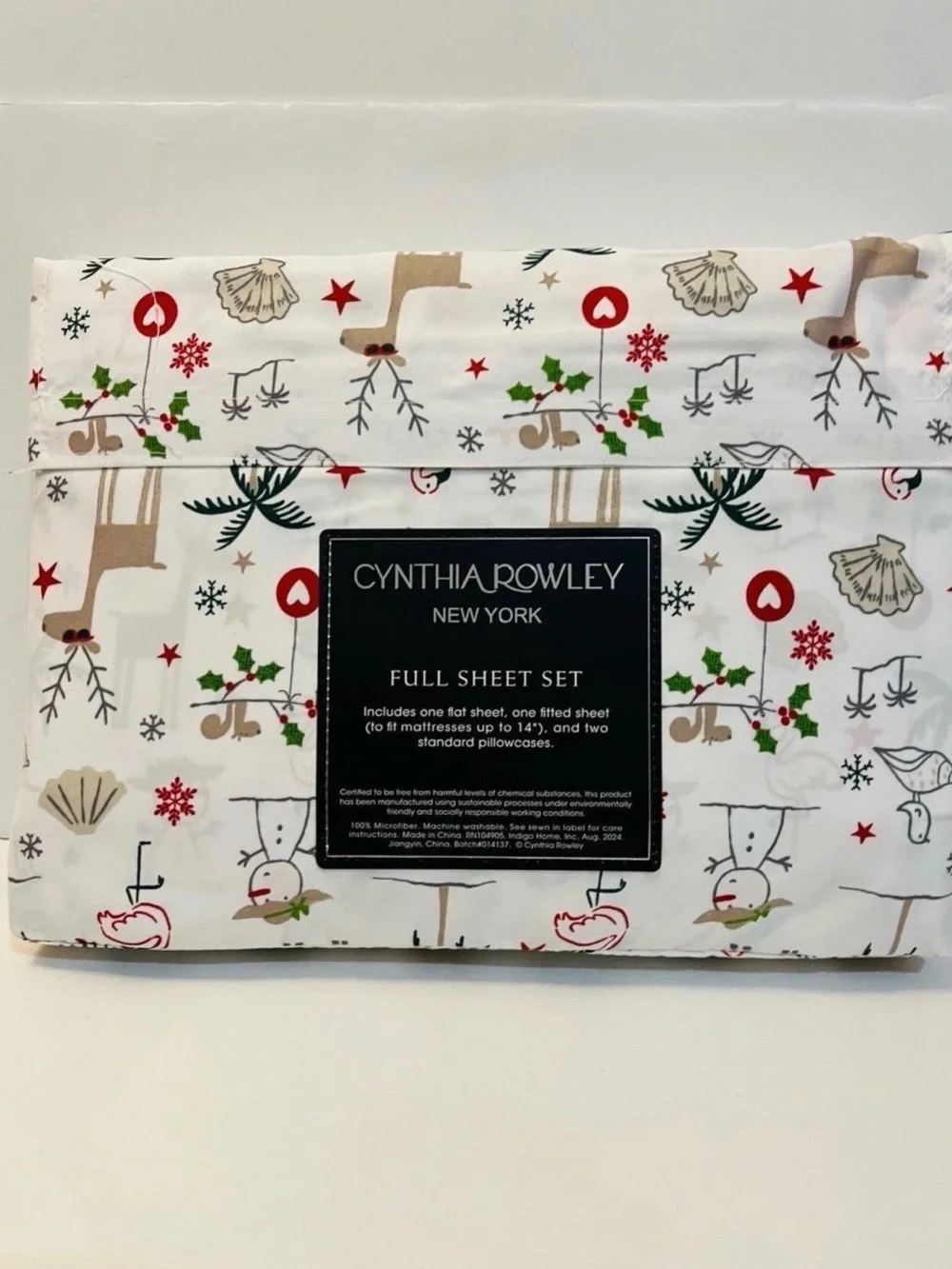 Cynthia Rowley Christmas Beach Full Size Sheet Set Palm Tree Seashell Flamingo